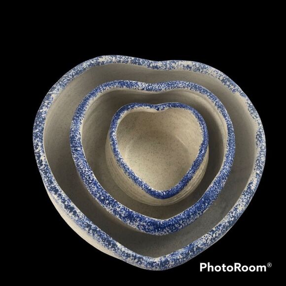 Ceramic Heart Shaped 💙 Blue Spongeware Dishes - Picture 1 of 10